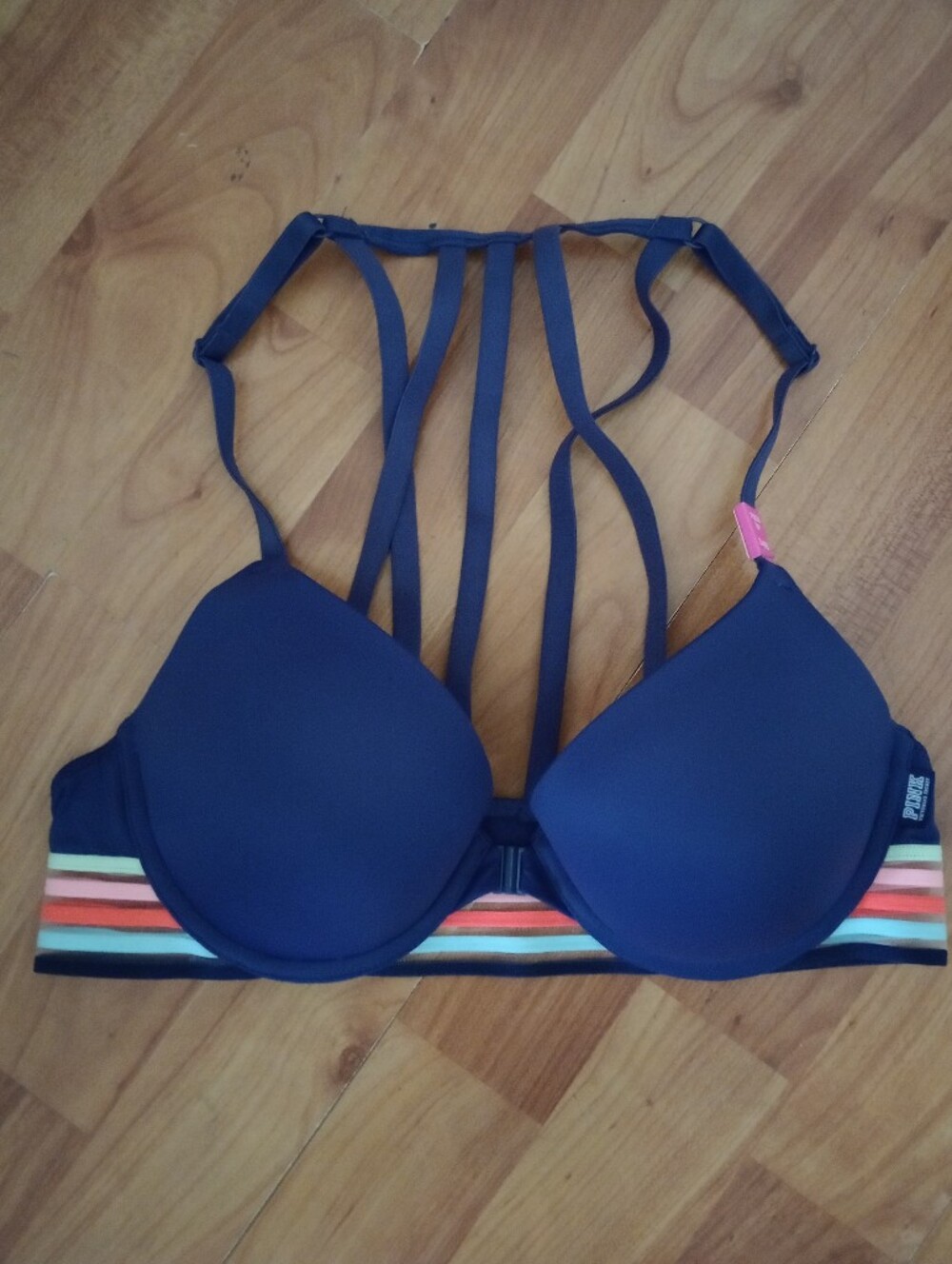 New PINK Victoria's Secret Navy Strappy Push-Up Bra with Multicolor Stripe